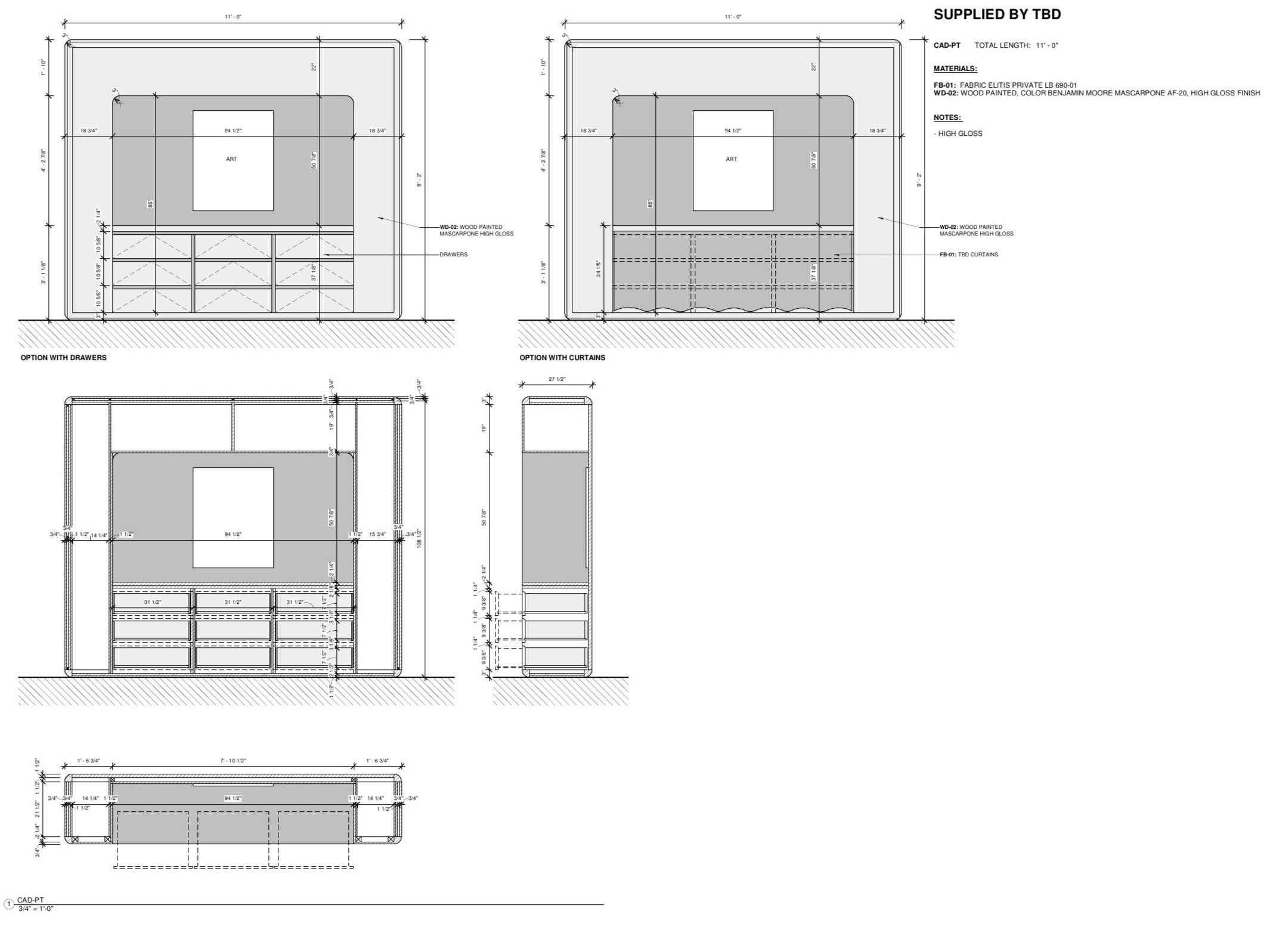 FOH cash desk partition: front elevation with drawer and cur
